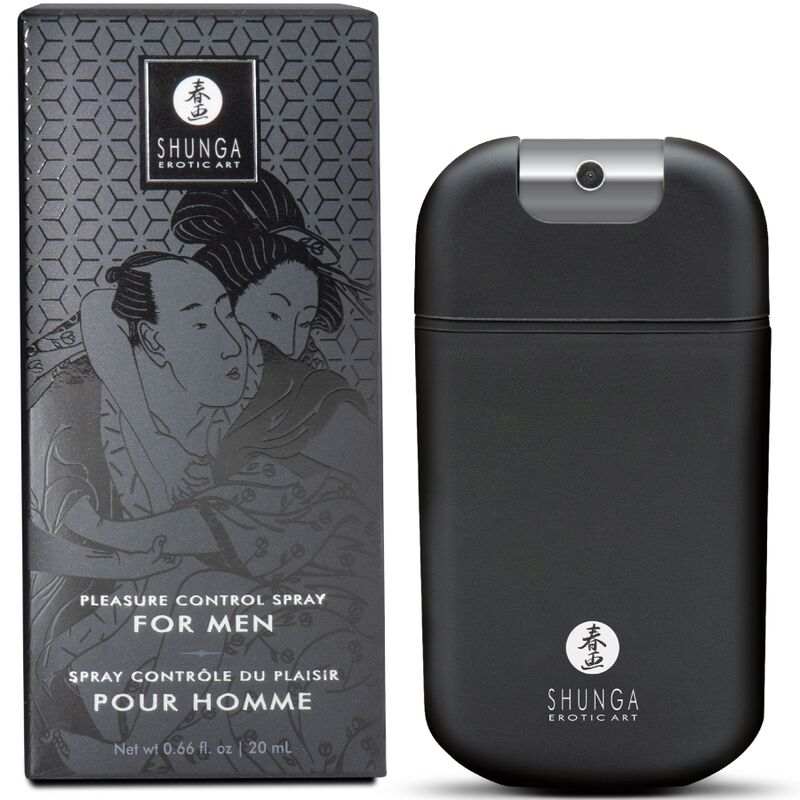 Boîte et flacon noir du spray Shunga Contrôle du Plaisir pour homme, présentés côte à côte