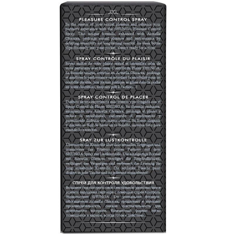 Dos de la boîte du spray Shunga Contrôle du Plaisir, texte descriptif en plusieurs langues