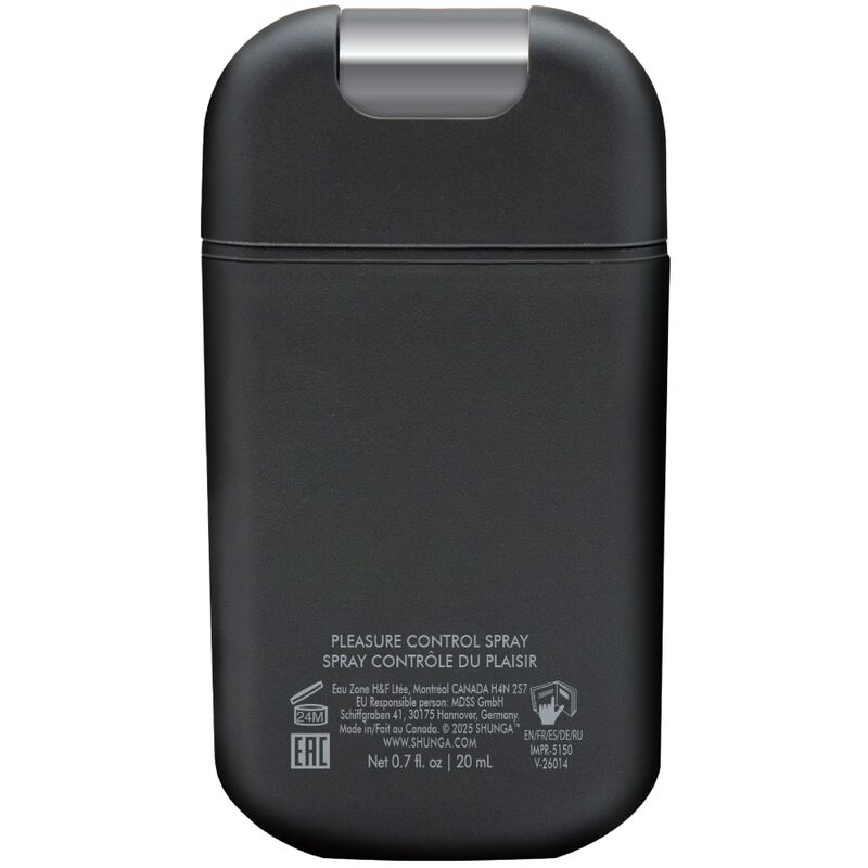 Dos du flacon noir du spray Shunga Contrôle du Plaisir, mentions légales et contenance 20 ml