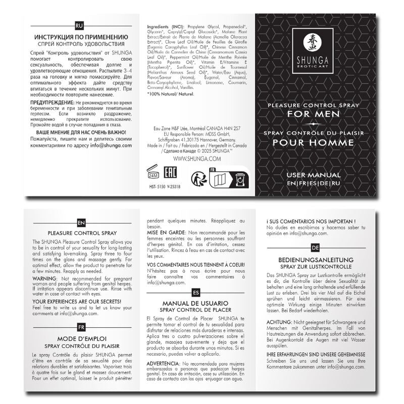 Notice multilingue du spray Shunga Contrôle du Plaisir, avec mode d'emploi et liste des ingrédients