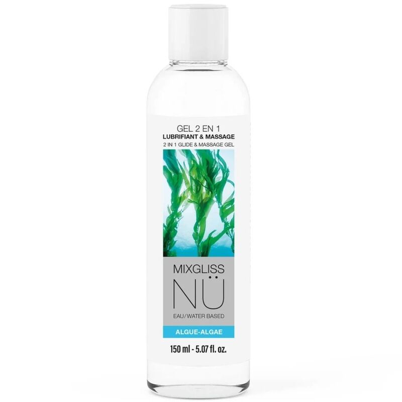 Flacon Mixgliss Nü 150 ml, gel 2 en 1 lubrifiant et massage à base d'eau, visuel algues sur l'étiquette