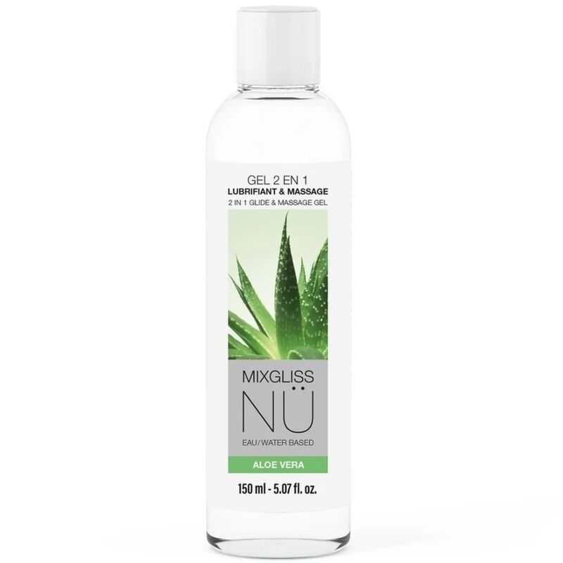 Flacon Mixgliss Nü 150 ml, gel 2 en 1 lubrifiant et massage à base d'eau, visuel aloe vera sur l'étiquette