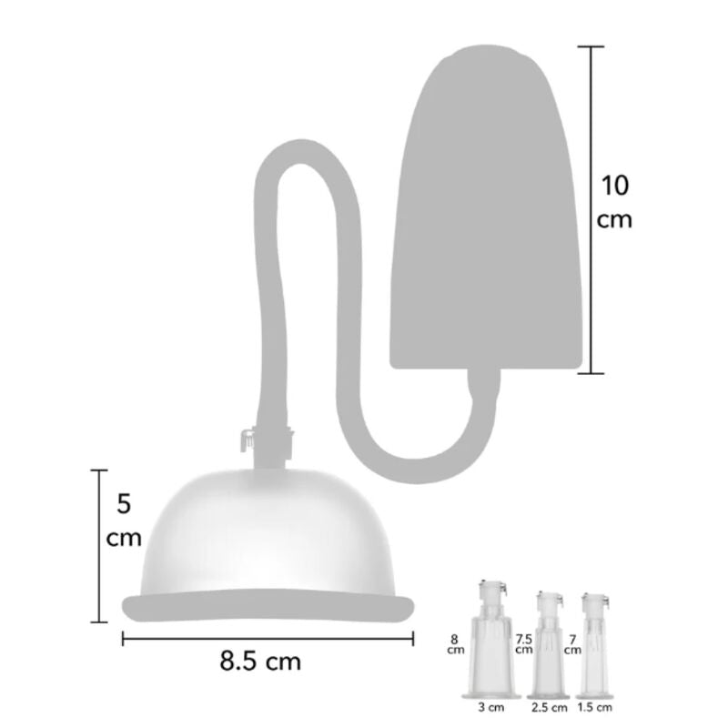 Schéma des dimensions de la pompe à vide : coupelle 8,5 cm de diamètre sur 5 cm de hauteur, unité automatique 10 cm de hauteur, 3 accessoires interchangeables