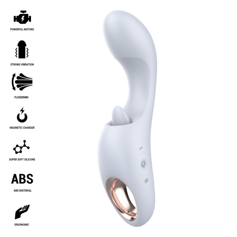 Anya stimulateur multifonctionnel lavande — liste de pictogrammes des caractéristiques (moteurs puissants, vibration forte, pulsations, charge magnétique, silicone ultra-doux, ABS, ergonomique) à côté du rendu du produit avec anneau doré à la base