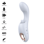 Anya stimulateur multifonctionnel lavande — liste de pictogrammes des caractéristiques (moteurs puissants, vibration forte, pulsations, charge magnétique, silicone ultra-doux, ABS, ergonomique) à côté du rendu du produit avec anneau doré à la base