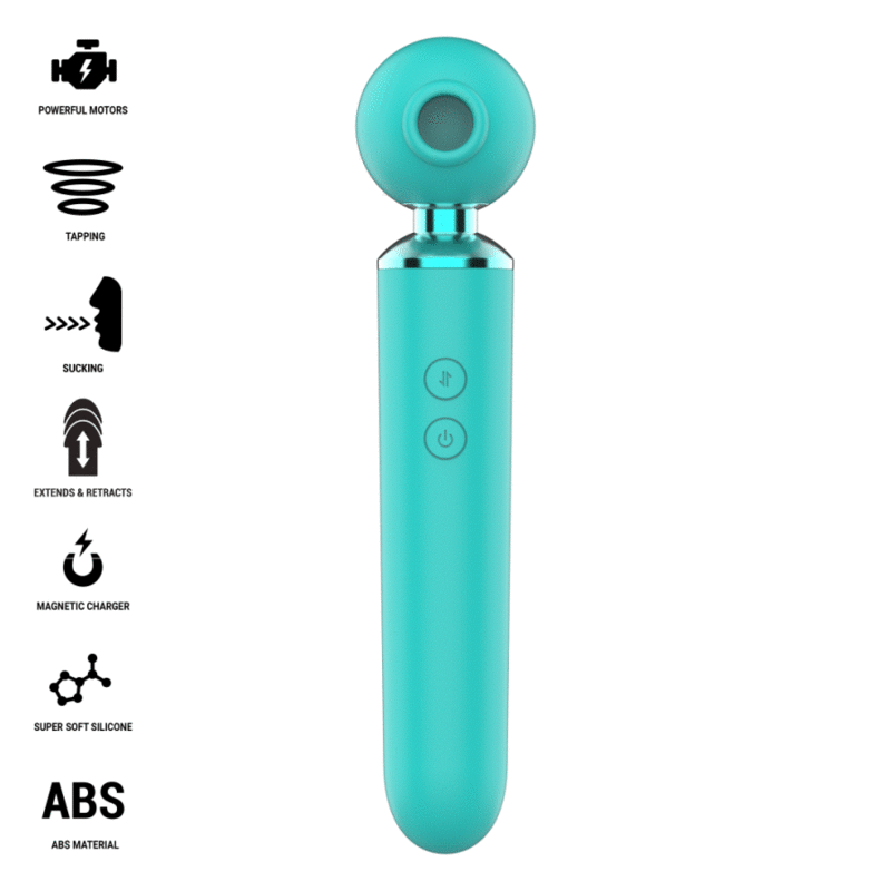 Hamby stimulateur multifonctionnel turquoise — liste de pictogrammes des caractéristiques (moteurs puissants, tapotement, succion, extension et rétraction, charge magnétique, silicone ultra-doux, ABS) à côté du rendu du produit