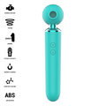 Hamby stimulateur multifonctionnel turquoise — liste de pictogrammes des caractéristiques (moteurs puissants, tapotement, succion, extension et rétraction, charge magnétique, silicone ultra-doux, ABS) à côté du rendu du produit