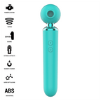 Hamby stimulateur multifonctionnel turquoise — liste de pictogrammes des caractéristiques (moteurs puissants, tapotement, succion, extension et rétraction, charge magnétique, silicone ultra-doux, ABS) à côté du rendu du produit