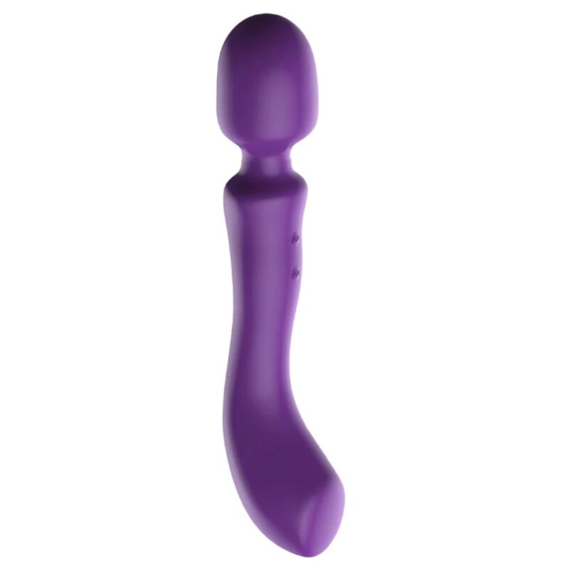 Bâtonnet de massage vibrant violet, vue de face sans pictogrammes montrant la tête large et l'extrémité incurvée