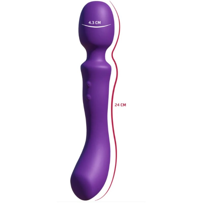 Bâtonnet de massage vibrant violet avec schéma des dimensions : 4,3 cm de diamètre de tête, 24 cm de longueur totale