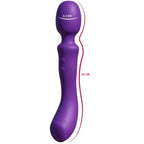 Bâtonnet de massage vibrant violet avec schéma des dimensions : 4,3 cm de diamètre de tête, 24 cm de longueur totale