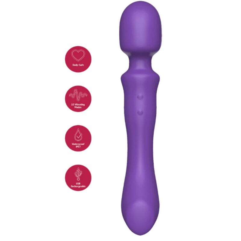 Bâtonnet de massage vibrant violet She.E.O, vue de face sur fond blanc avec pictogrammes body-safe, 10 modes, étanche IPX7 et USB