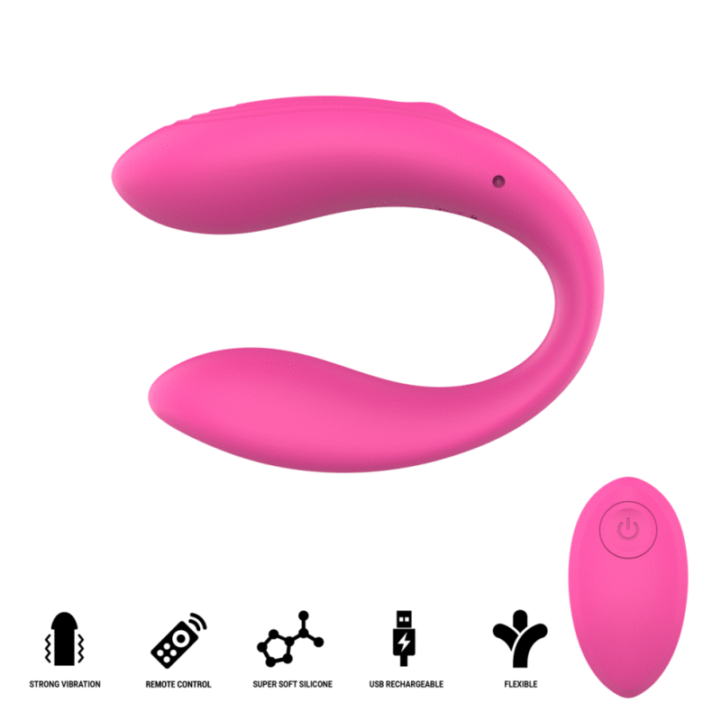 Nora stimulateur à pince vibrante rose — rendu 3D en position refermée, avec profil de la télécommande et pictogrammes des caractéristiques
