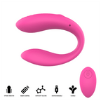 Nora stimulateur à pince vibrante rose — rendu 3D en position refermée, avec profil de la télécommande et pictogrammes des caractéristiques