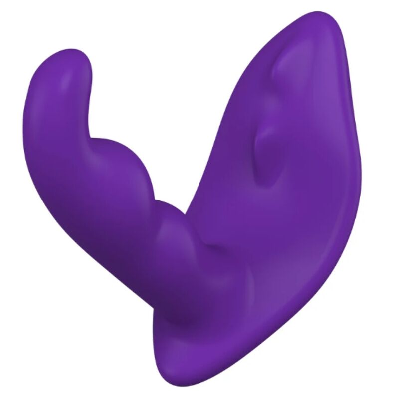 Stimulateur anal violet, vue de profil sur fond blanc