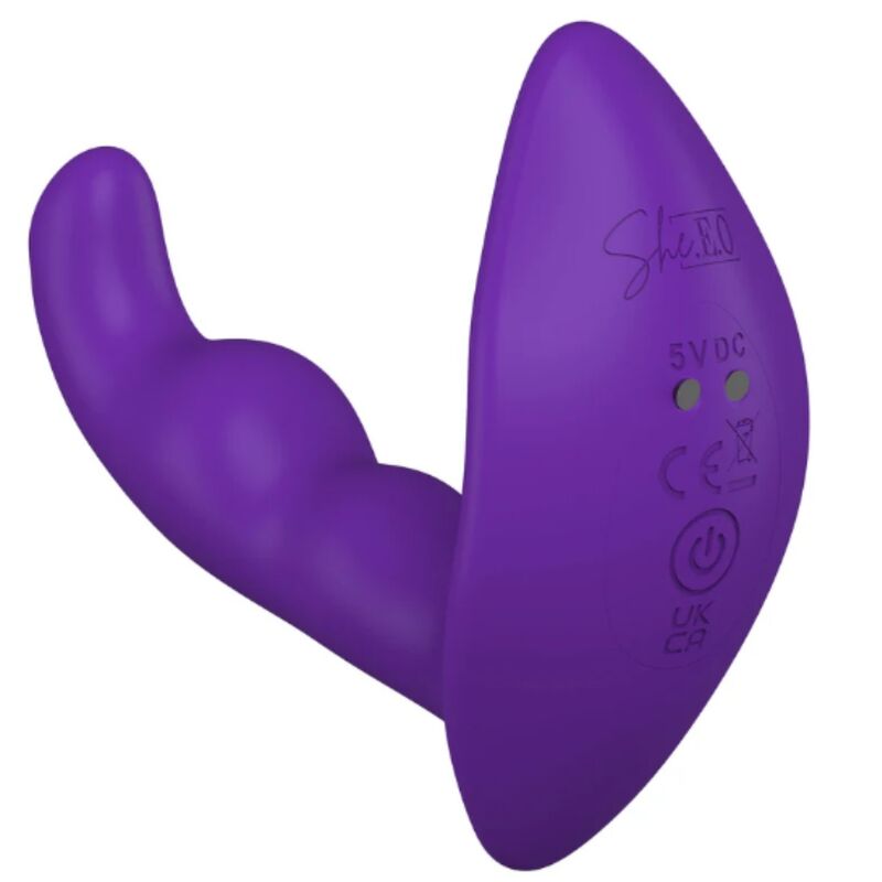Stimulateur anal violet, vue de dos sur la base gravée She.E.O avec voyants de charge