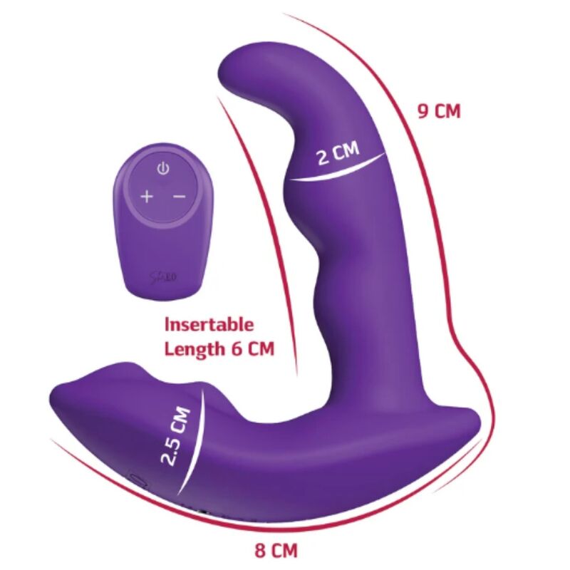 Stimulateur anal violet avec schéma des dimensions : 9 cm de hauteur, 8 cm de base, longueur insérable de 6 cm