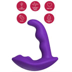 Stimulateur anal violet, vue de face avec pictogrammes USB rechargeable, 5 modes, télécommande et étanche IPX7