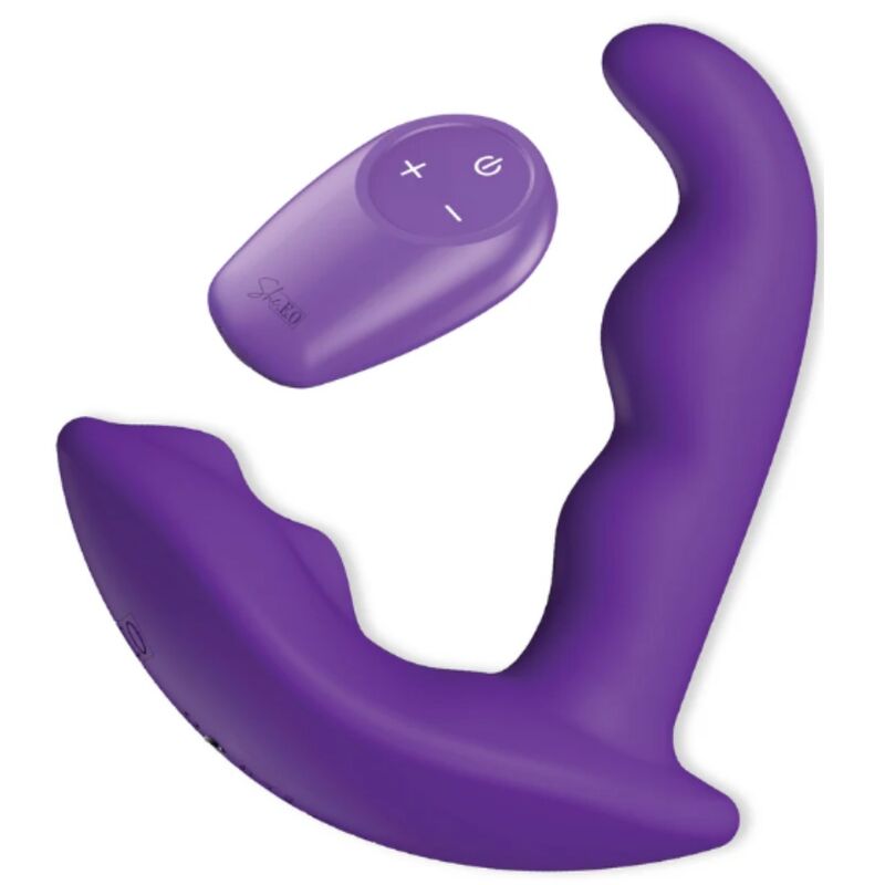 Stimulateur anal violet avec télécommande sans fil, posés côte à côte sur fond blanc