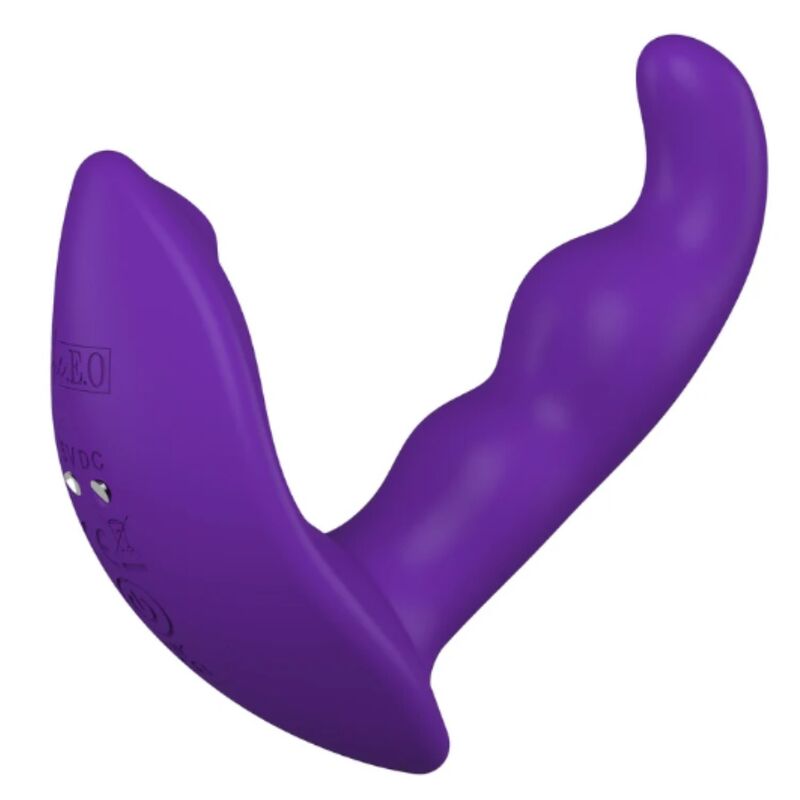 Stimulateur anal violet, vue de trois-quarts montrant la base ovale et la tige incurvée
