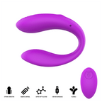 Nora stimulateur à pince vibrante violet — rendu 3D en position refermée, avec profil de la télécommande et pictogrammes des caractéristiques