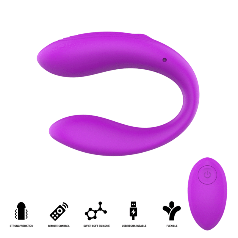 Nora stimulateur à pince vibrante violet — rendu 3D en position refermée, avec profil de la télécommande et pictogrammes des caractéristiques