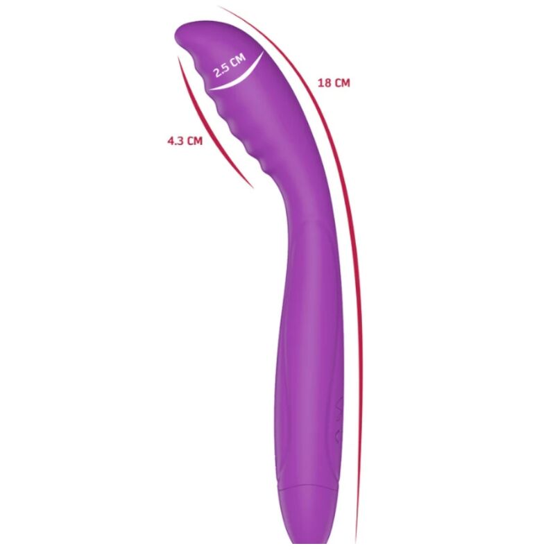 Vibrateur violet avec schéma des dimensions : 18 cm de longueur, 4,3 cm de largeur, 2,5 cm à l'embout