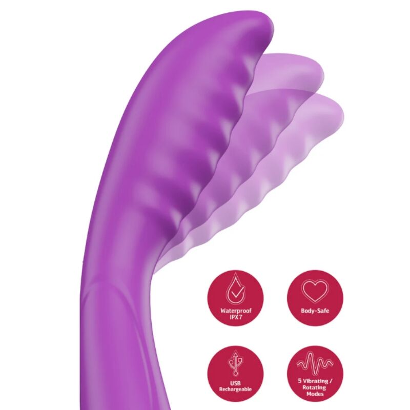 Vibrateur violet à tête striée, vue rapprochée en surimpression illustrant le mouvement de tapotement