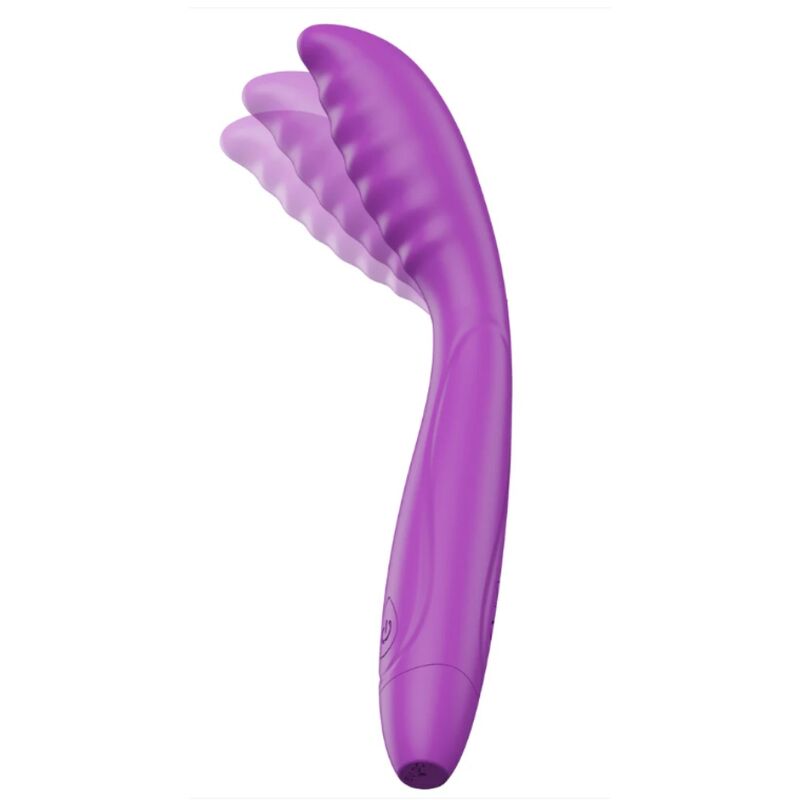 Vibrateur violet à tête recourbée striée, vue de face sur fond blanc
