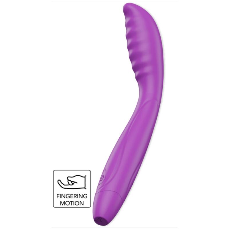 Vibrateur violet à tête recourbée striée, vue de profil avec pictogramme fingering motion