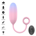 Pamela vibrateur dégradé bleu-rose — liste de pictogrammes des caractéristiques (moteur puissant, vibration forte, silicone sans danger, USB rechargeable, télécommande, silicone ultra-doux, flexible) à côté du rendu du produit avec anneau de préhension et télécommande noire