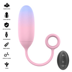 Pamela vibrateur dégradé bleu-rose — liste de pictogrammes des caractéristiques (moteur puissant, vibration forte, silicone sans danger, USB rechargeable, télécommande, silicone ultra-doux, flexible) à côté du rendu du produit avec anneau de préhension et télécommande noire
