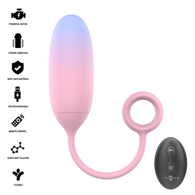 Pamela vibrateur dégradé bleu-rose — liste de pictogrammes des caractéristiques (moteur puissant, vibration forte, silicone sans danger, USB rechargeable, télécommande, silicone ultra-doux, flexible) à côté du rendu du produit avec anneau de préhension et télécommande noire