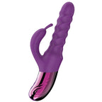 Vibrateur lapin violet, vue de face montrant le bras stimulateur externe et la tige striée