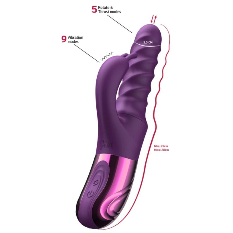 Vibrateur lapin violet avec schéma des dimensions : 3,5 cm à l'embout, longueur extensible de 25 à 28 cm