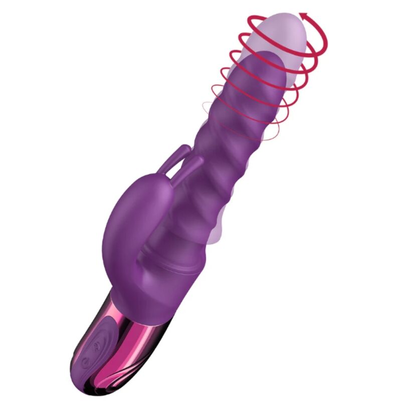 Vibrateur lapin violet, vue en diagonale illustrant la rotation de la tête striée par une flèche