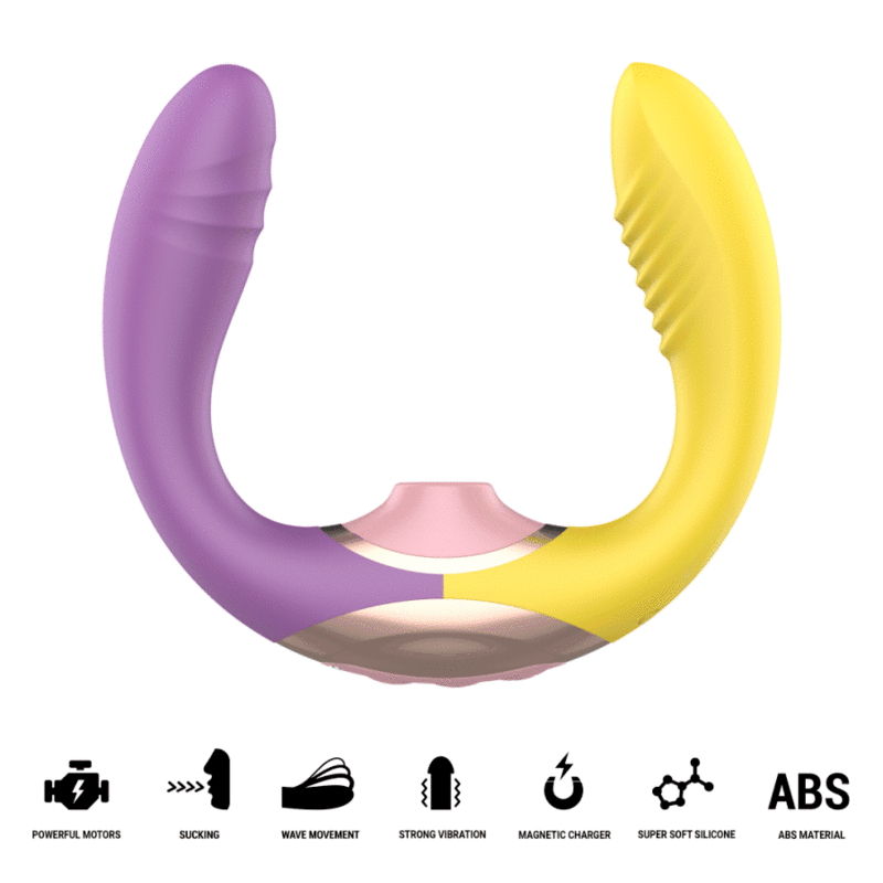 Willow stimulateur à succion et vibration 3 en 1 violet et jaune — rendu du produit en U avec ventouse centrale rose, grille de 7 pictogrammes des caractéristiques (moteurs puissants, succion, mouvement ondulatoire, vibration forte, charge magnétique, silicone ultra-doux, ABS)