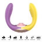 Willow stimulateur à succion et vibration 3 en 1 violet et jaune — rendu du produit en U avec ventouse centrale rose, grille de 7 pictogrammes des caractéristiques (moteurs puissants, succion, mouvement ondulatoire, vibration forte, charge magnétique, silicone ultra-doux, ABS)