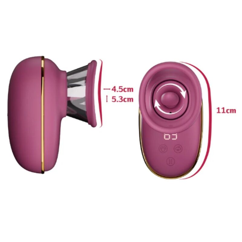 Pompe de stimulation clitoridienne rose fuchsia avec schéma des dimensions : 4,5 cm et 5,3 cm pour la ventouse, 11 cm de hauteur du boîtier