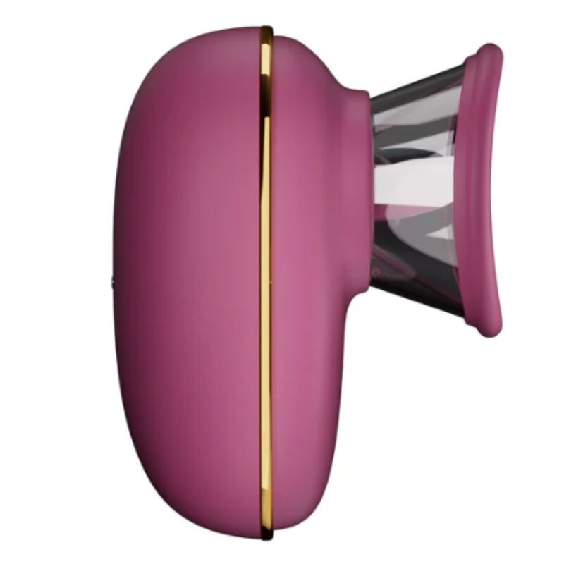 Pompe de stimulation clitoridienne rose fuchsia à liseré doré, vue de profil sur la ventouse transparente
