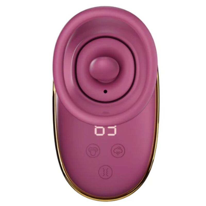 Pompe de stimulation clitoridienne rose fuchsia, vue de face sur la ventouse avec languette centrale et écran LED