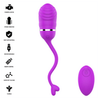 Sookie œuf vibrant violet — liste de pictogrammes des caractéristiques (moteur puissant, vibration forte, silicone sans danger, USB rechargeable, télécommande, silicone ultra-doux, flexible) à côté du rendu du produit et de la télécommande