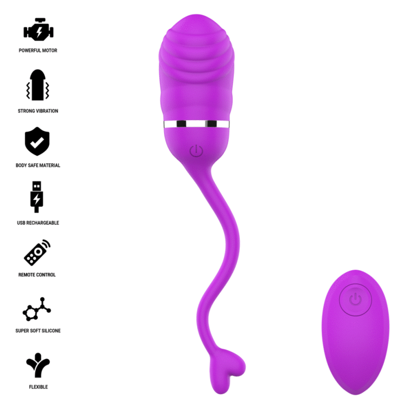 Sookie œuf vibrant violet — liste de pictogrammes des caractéristiques (moteur puissant, vibration forte, silicone sans danger, USB rechargeable, télécommande, silicone ultra-doux, flexible) à côté du rendu du produit et de la télécommande