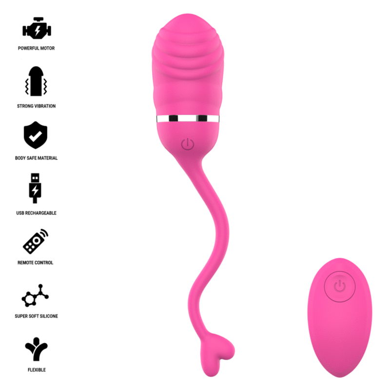 Sookie œuf vibrant rose — liste de pictogrammes des caractéristiques (moteur puissant, vibration forte, silicone sans danger, USB rechargeable, télécommande, silicone ultra-doux, flexible) à côté du rendu du produit et de la télécommande