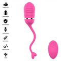 Sookie œuf vibrant rose — liste de pictogrammes des caractéristiques (moteur puissant, vibration forte, silicone sans danger, USB rechargeable, télécommande, silicone ultra-doux, flexible) à côté du rendu du produit et de la télécommande