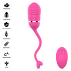 Sookie œuf vibrant rose — liste de pictogrammes des caractéristiques (moteur puissant, vibration forte, silicone sans danger, USB rechargeable, télécommande, silicone ultra-doux, flexible) à côté du rendu du produit et de la télécommande
