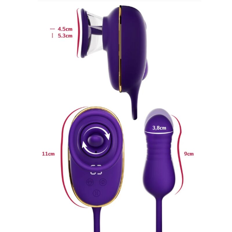 Pompe de succion clitoridienne violette, vue de face sur la ventouse avec bouton de commande, stimulateur anal en arrière-plan
