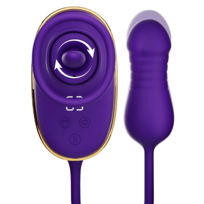 Pompe de succion clitoridienne violette, vue de face sur la ventouse avec languette et écran LED, à côté du stimulateur anal strié