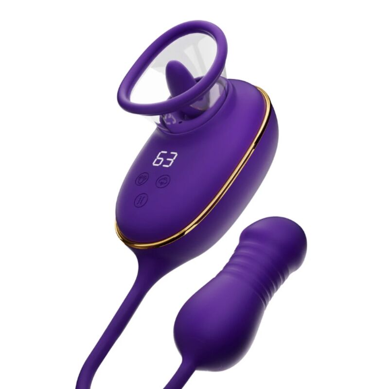 Pompe de succion clitoridienne violette avec stimulateur anal strié relié par un cordon, vue d'ensemble