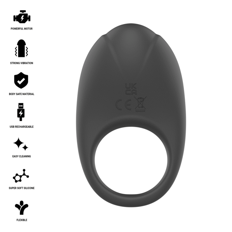 Animation des caractéristiques de l'anneau Merlotte : moteur puissant, vibration forte, matière body-safe, recharge USB, nettoyage facile, silicone doux, flexible